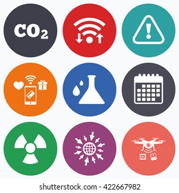 Wifi, mobile payments and drones icons. Attention and radiation icons. Chemistry flask sign. CO2 carbon dioxide symbol. Calendar symbol.