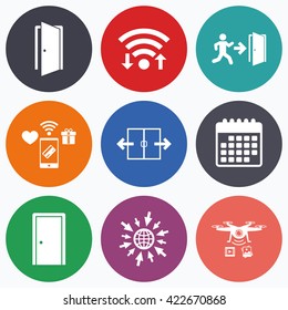 Wifi, mobile payments and drones icons. Automatic door icon. Emergency exit with human figure and arrow symbols. Fire exit signs. Calendar symbol.