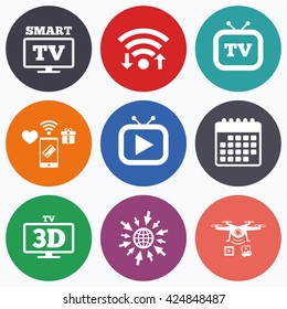 Wifi, mobile payments and drones icons. Smart 3D TV mode icon. Widescreen symbol. Retro television and TV table signs. Calendar symbol.