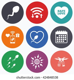 Wifi, mobile payments and drones icons. Sperm icons. Fertilization or insemination signs. Safe love heart symbol. Calendar symbol.