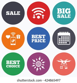 Wifi, mobile payments and drones icons. Sale icons. Best choice and price symbols. Big sale shopping sign. Calendar symbol.