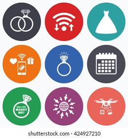 Wifi, mobile payments and drones icons. Wedding dress icon. Bride and groom rings symbol. Wedding or engagement day ring shine with diamond sign. Will you marry me? Calendar symbol.