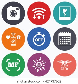 Wifi, mobile payments and drones icons. Hipster retro photo camera icon. Manual focus symbols. Stopwatch timer off sign. Macro symbol. Calendar symbol.