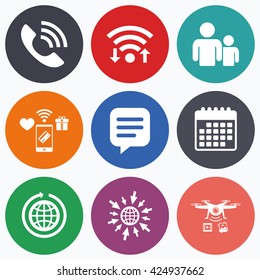 Wifi, mobile payments and drones icons. Group of people and share icons. Speech bubble and round the world arrow symbols. Communication signs. Calendar symbol.