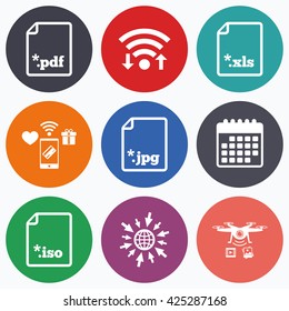 Wifi, mobile payments and drones icons. Download document icons. File extensions symbols. PDF, XLS, JPG and ISO virtual drive signs. Calendar symbol.