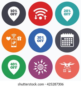 Wifi, mobile payments and drones icons. Sale pointer tag icons. Discount special offer symbols. 10%, 20%, 30% and 40% percent off signs. Calendar symbol.
