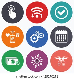 Wifi, mobile payments and drones icons. ATM cash machine withdrawal icons. Click here, check PIN number, processing and cash withdrawal symbols. Calendar symbol.