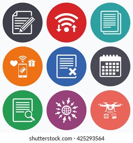 Wifi, mobile payments and drones icons. File document icons. Search or find symbol. Edit content with pencil sign. Remove or delete file. Calendar symbol.