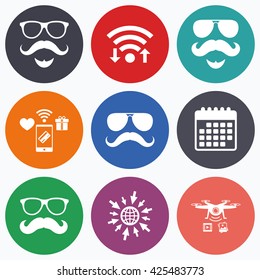 Wifi, mobile payments and drones icons. Mustache and Glasses icons. Hipster with beard symbols. Facial hair signs. Calendar symbol.