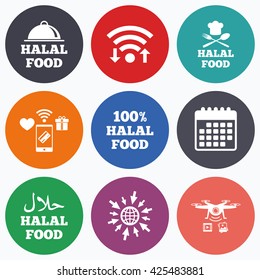 Wifi, mobile payments and drones icons. Halal food icons. 100% natural meal symbols. Chef hat with spoon and fork sign. Natural muslims food. Calendar symbol.