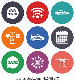 Wifi, mobile payments and drones icons. Public transport icons. Taxi speech bubble signs. Car transport symbol. Calendar symbol.
