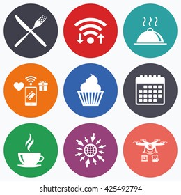 Wifi, mobile payments and drones icons. Food and drink icons. Muffin cupcake symbol. Fork and knife sign. Hot coffee cup. Food platter serving. Calendar symbol.