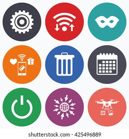 Wifi, mobile payments and drones icons. Anonymous mask and cogwheel gear icons. Recycle bin delete and power sign symbols. Calendar symbol.