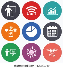 Wifi, mobile payments and drones icons. Diagram graph Pie chart icon. Presentation billboard symbol. Supply and demand. Man standing with pointer. Calendar symbol.