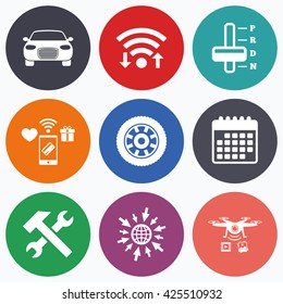 Wifi, mobile payments and drones icons. Transport icons. Car tachometer and automatic transmission symbols. Repair service tool with wheel sign. Calendar symbol.