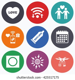 Wifi, mobile payments and drones icons. Condom safe sex icons. Lovers Gay couple signs. Male love male. Heart symbol. Calendar symbol.