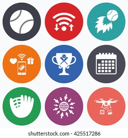 Wifi, mobile payments and drones icons. Baseball sport icons. Ball with glove and two crosswise bats signs. Fireball with award cup symbol. Calendar symbol.