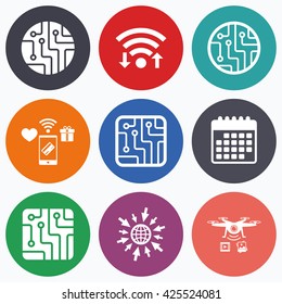 Wifi, mobile payments and drones icons. Circuit board icons. Technology scheme circles and squares sign symbols. Calendar symbol.