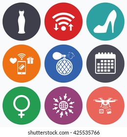 Wifi, mobile payments and drones icons. Wedding dress icon. Women shoe sign. Perfume glamour fragrance symbol. Calendar symbol.