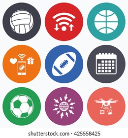 Wifi, mobile payments and drones icons. Sport balls icons. Volleyball, Basketball, Soccer and American football signs. Team sport games. Calendar symbol.