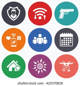 Wifi, mobile payments and drones icons. Security agency icons. Home shield protection symbols. Gun weapon sign. Group of people or Share. Calendar symbol.