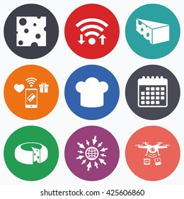 Wifi, mobile payments and drones icons. Cheese icons. Round cheese wheel sign. Sliced food with chief hat symbols. Calendar symbol.