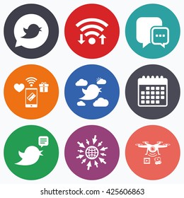 Wifi, mobile payments and drones icons. Birds icons. Social media speech bubble. Short messages chat symbol. Calendar symbol.