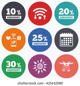 Wifi, mobile payments and drones icons. Sale discount icons. Special offer price signs. 10, 20, 25 and 30 percent off reduction symbols. Calendar symbol.
