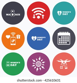 Wifi, mobile payments and drones icons. 8 March Women's Day icons. Tulips or rose flowers bouquet and heart sign symbols. Calendar symbol.