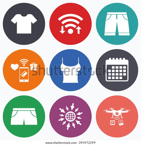 Wifi, mobile payments and drones icons. Clothes\
icons. T-shirt and bermuda shorts signs. Swimming trunks symbol.\
Calendar symbol.