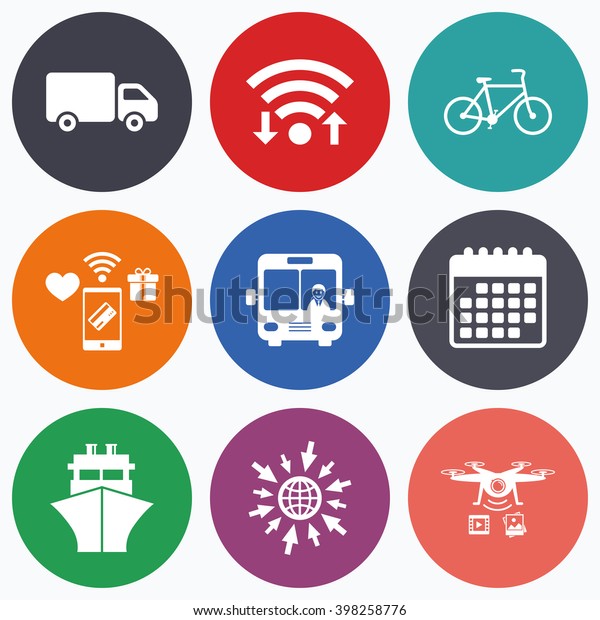 Wifi, mobile\
payments and drones icons. Transport icons. Truck, Bicycle, Public\
bus with driver and Ship signs. Shipping delivery symbol. Family\
vehicle sign. Calendar\
symbol.