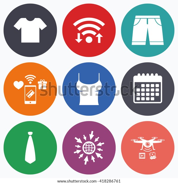 Wifi, mobile payments and drones icons. Clothes
icons. T-shirt and bermuda shorts signs. Business tie symbol.
Calendar symbol.