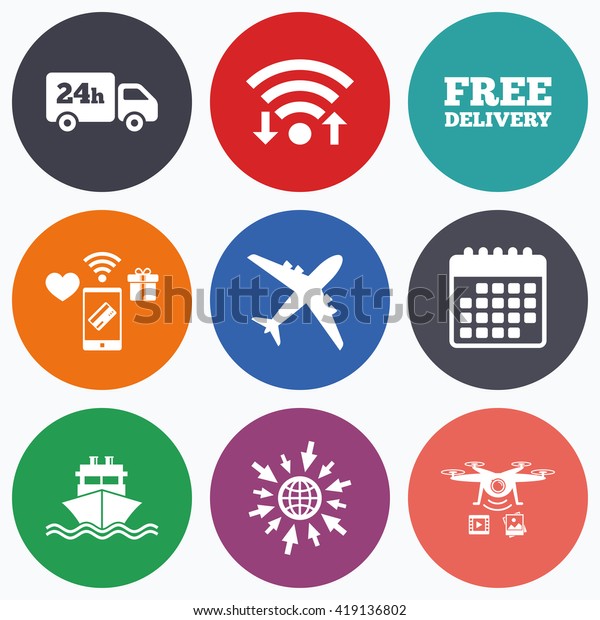 Wifi, mobile payments and drones icons.\
Cargo truck and shipping icons. Shipping and free delivery signs.\
Transport symbols. 24h service. Calendar\
symbol.