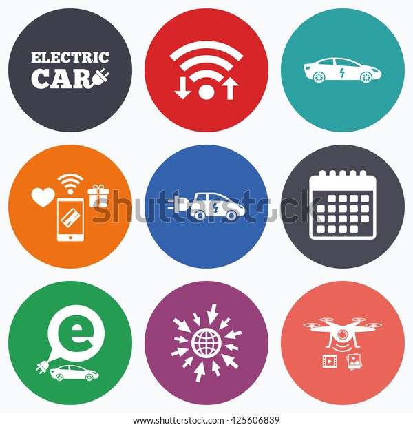 Wifi, mobile payments and drones icons. Electric\
car icons. Sedan and Hatchback transport symbols. Eco fuel vehicles\
signs. Calendar symbol.