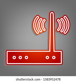 Wifi modem sign. Flat red icon with linear white icon with gray shadow at grayish background. Illustration.