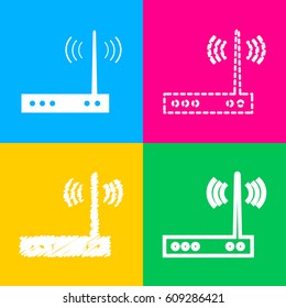 Wifi modem sign. Four styles of icon on four color squares.