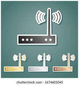 Signo de módem Wifi. Conjunto de íconos metálicos con gradiente gris, dorado, plata y bronce con contorno blanco y sombra en fondo viridán. Ilustración.