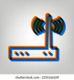 Wifi modem sign. Stroked Icon in orange, azure and old lavender Colors at gray Background. Illustration.