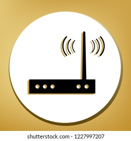 Wifi modem sign. Vector. Black icon with light brown shadow in white circle with shaped ring at golden background.