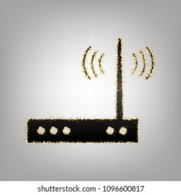 Wifi modem sign. Vector. Blackish icon with golden stars at grayish background.