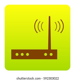 Wifi modem sign. Vector. Brown icon at green-yellow gradient square with rounded corners on white background. Isolated.