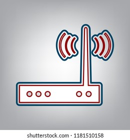 Wifi modem sign. Vector. Dark red, transparent and midnight green stroke of white icon at grayish background.