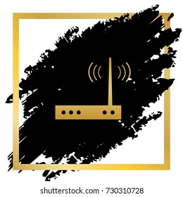 Wifi modem sign. Vector. Golden icon at black spot inside golden frame on white background.