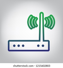 Wifi modem sign. Vector. Green to blue gradient contour icon at grayish background with light in center.