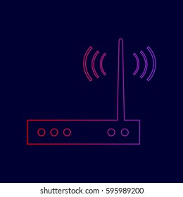 Wifi modem sign. Vector. Line icon with gradient from red to violet colors on dark blue background.