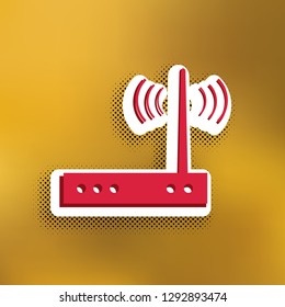 Wifi modem sign. Vector. Magenta icon with darker shadow, white sticker and black popart shadow on golden background.