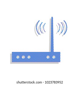 Wifi modem sign. Vector. Neon blue icon with cyclamen polka dots pattern with light gray shadow on white background. Isolated.