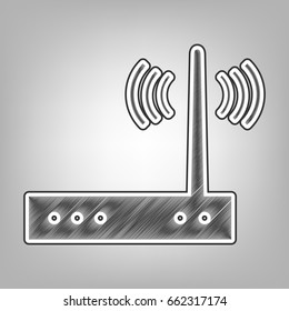 Wifi modem sign. Vector. Pencil sketch imitation. Dark gray scribble icon with dark gray outer contour at gray background.