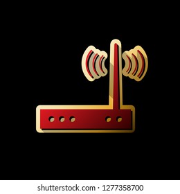 Wifi modem sign. Vector. Red icon with small black and limitless shadows at golden sticker on black background.