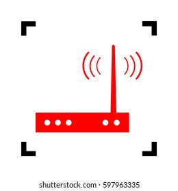 Wifi modem sign. Vector. Red icon inside black focus corners on white background. Isolated.